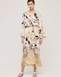 Access Abstract Print Jacket With Fringes Sand