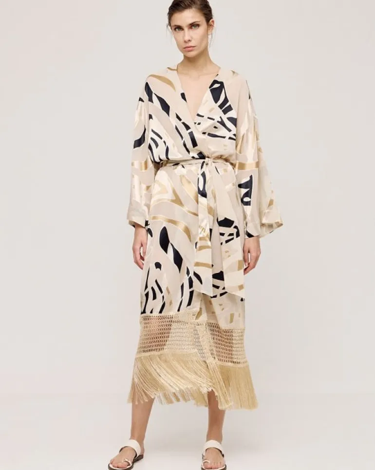 Access Abstract Print Jacket With Fringes Sand
