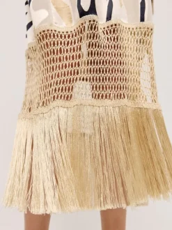 Access Abstract Print Jacket With Fringes Sand