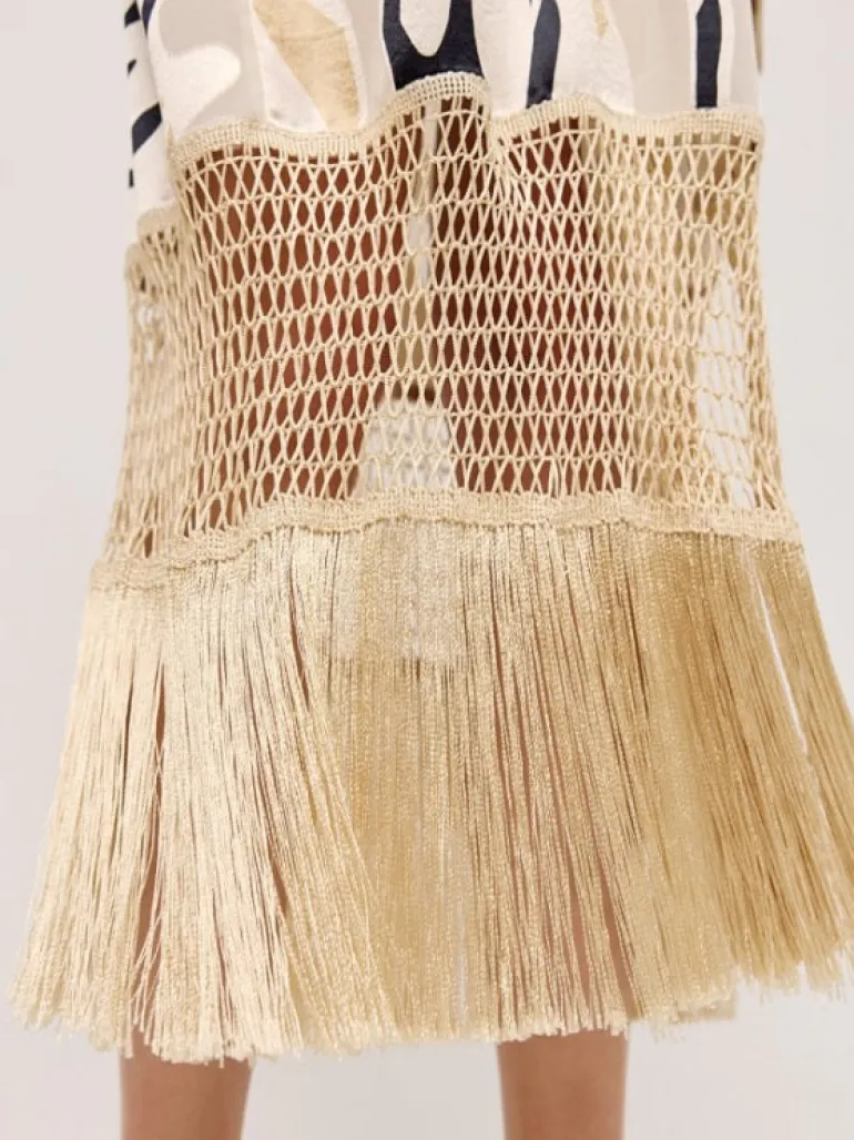 Access Abstract Print Jacket With Fringes Sand