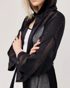 Access Hooded Open Front Coat With Fishnet Detail Black