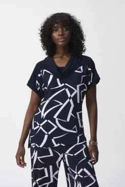 Joseph Ribkoff Cowl Neck Geo Pattern Top Navy/Vanilla