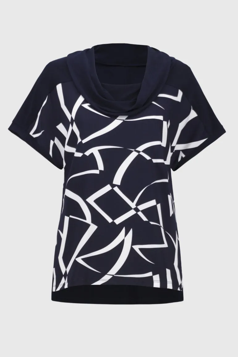 Joseph Ribkoff Cowl Neck Geo Pattern Top Navy/Vanilla