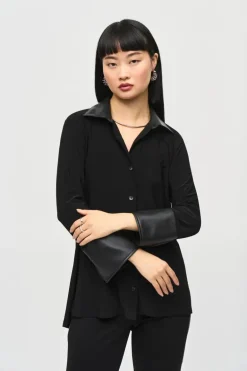 Joseph Ribkoff Faux Leather Trim Shirt Black