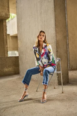 Joseph Ribkoff Faux Suede Face Print Jacket Vanilla Multi