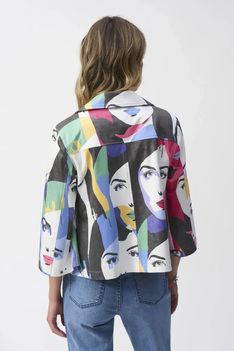 Joseph Ribkoff Faux Suede Face Print Jacket Vanilla Multi