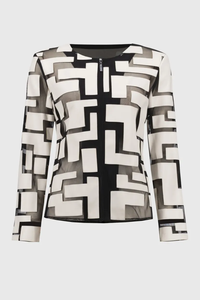 Joseph Ribkoff Mesh Leatherette Geo Jacket Moonstone/Black