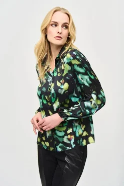 Joseph Ribkoff Satin Abstract Print Blouse Black Multi