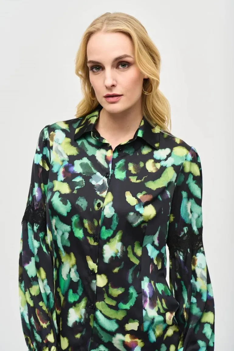 Joseph Ribkoff Satin Abstract Print Blouse Black Multi
