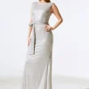 Joseph Ribkoff Sequin Dress With Satin Sash Matte Silver