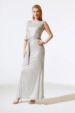 Joseph Ribkoff Sequin Dress With Satin Sash Matte Silver