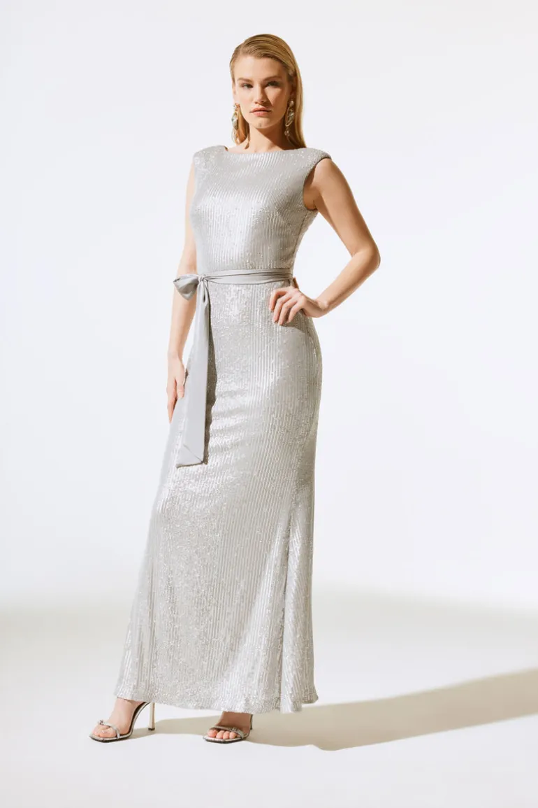 Joseph Ribkoff Sequin Dress With Satin Sash Matte Silver
