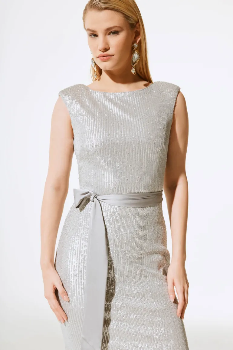 Joseph Ribkoff Sequin Dress With Satin Sash Matte Silver