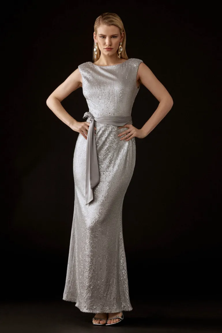 Joseph Ribkoff Sequin Dress With Satin Sash Matte Silver
