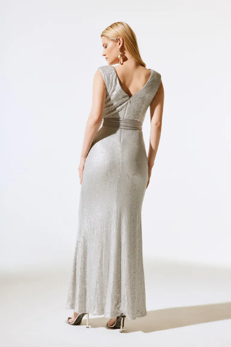 Joseph Ribkoff Sequin Dress With Satin Sash Matte Silver