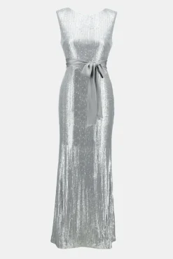 Joseph Ribkoff Sequin Dress With Satin Sash Matte Silver