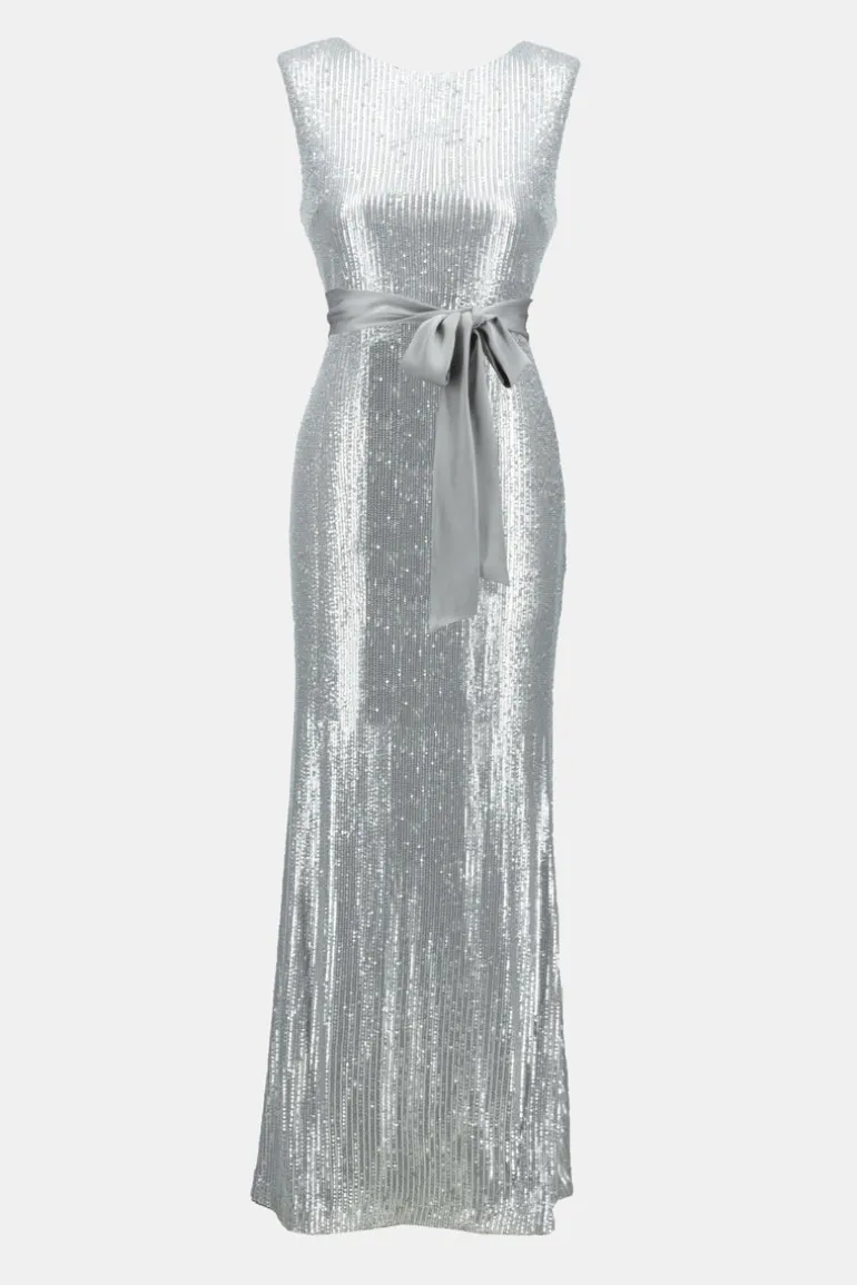 Joseph Ribkoff Sequin Dress With Satin Sash Matte Silver