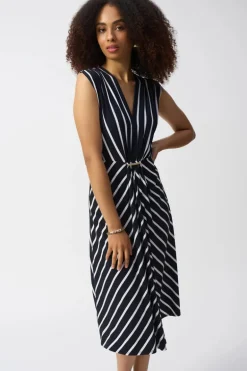 Joseph Ribkoff V-Neck Stripe Dress Midnight Blue/Vanilla