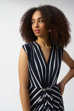 Joseph Ribkoff V-Neck Stripe Dress Midnight Blue/Vanilla