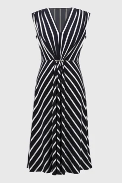Joseph Ribkoff V-Neck Stripe Dress Midnight Blue/Vanilla