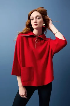 Joseph Ribkoff Zip Collar Knit Sweater Lipstick Red