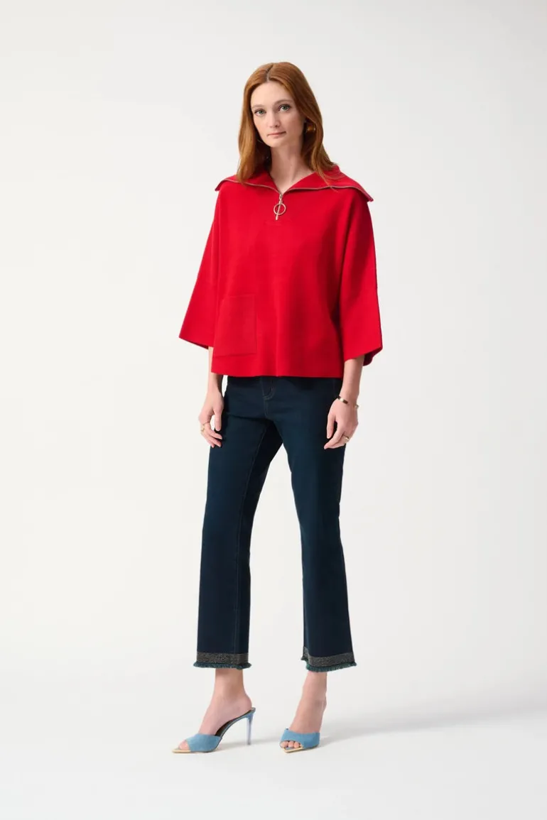 Joseph Ribkoff Zip Collar Knit Sweater Lipstick Red