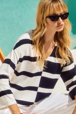 Joseph Rikboff Knit Striped V-Neck Top Midnight Blue/Vanilla