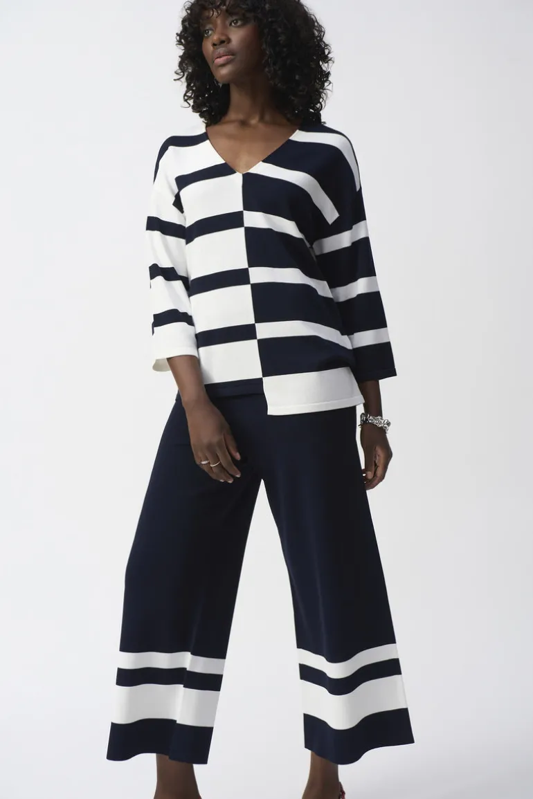 Joseph Rikboff Knit Striped V-Neck Top Midnight Blue/Vanilla
