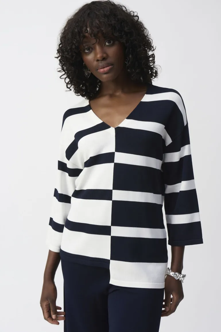 Joseph Rikboff Knit Striped V-Neck Top Midnight Blue/Vanilla