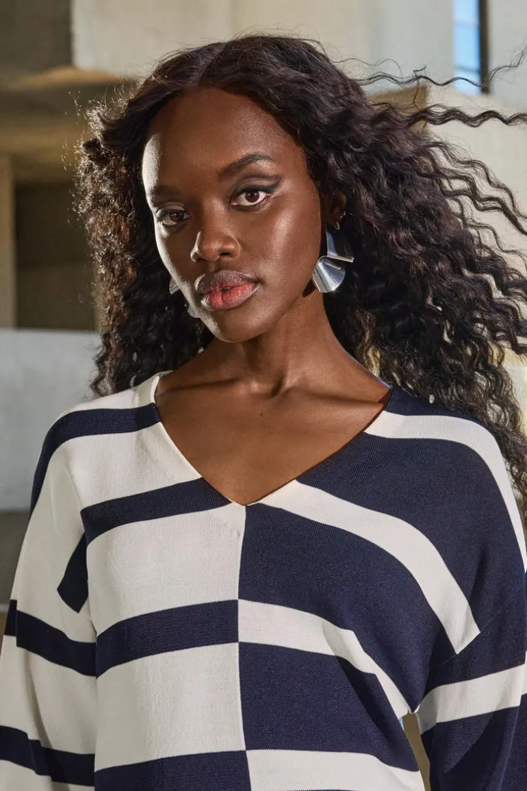 Joseph Rikboff Knit Striped V-Neck Top Midnight Blue/Vanilla