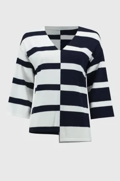 Joseph Rikboff Knit Striped V-Neck Top Midnight Blue/Vanilla