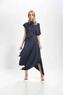 Kevan Jon Mila Pleat Knee Dress Navy