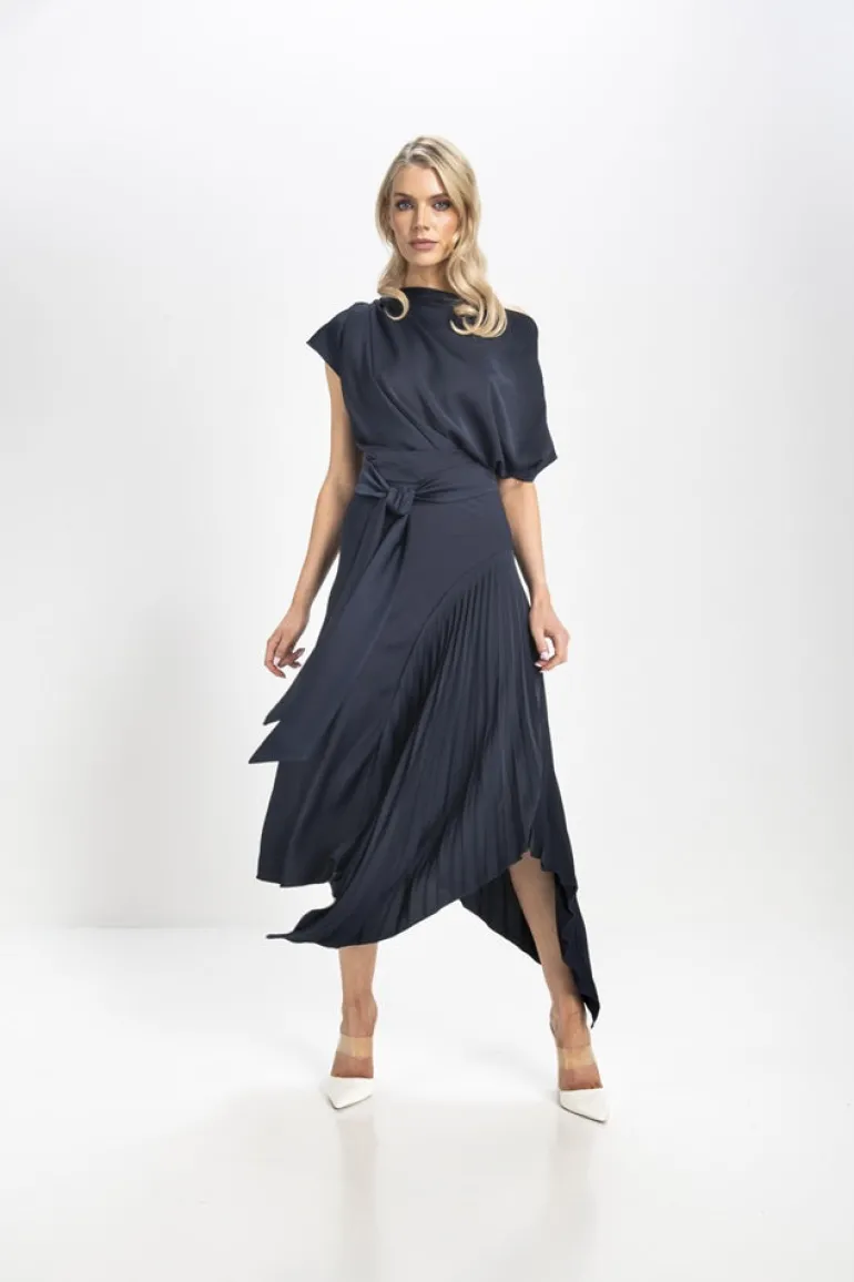 Kevan Jon Mila Pleat Knee Dress Navy