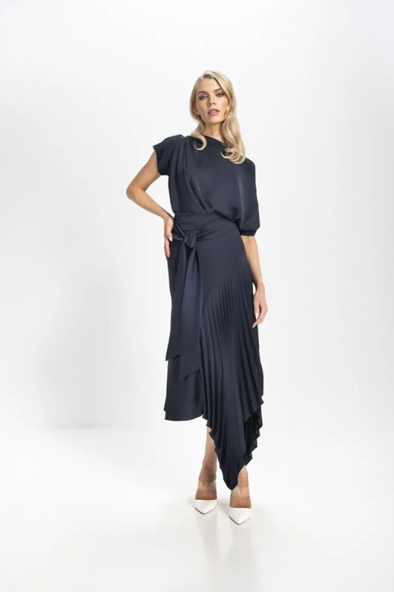 Kevan Jon Mila Pleat Knee Dress Navy
