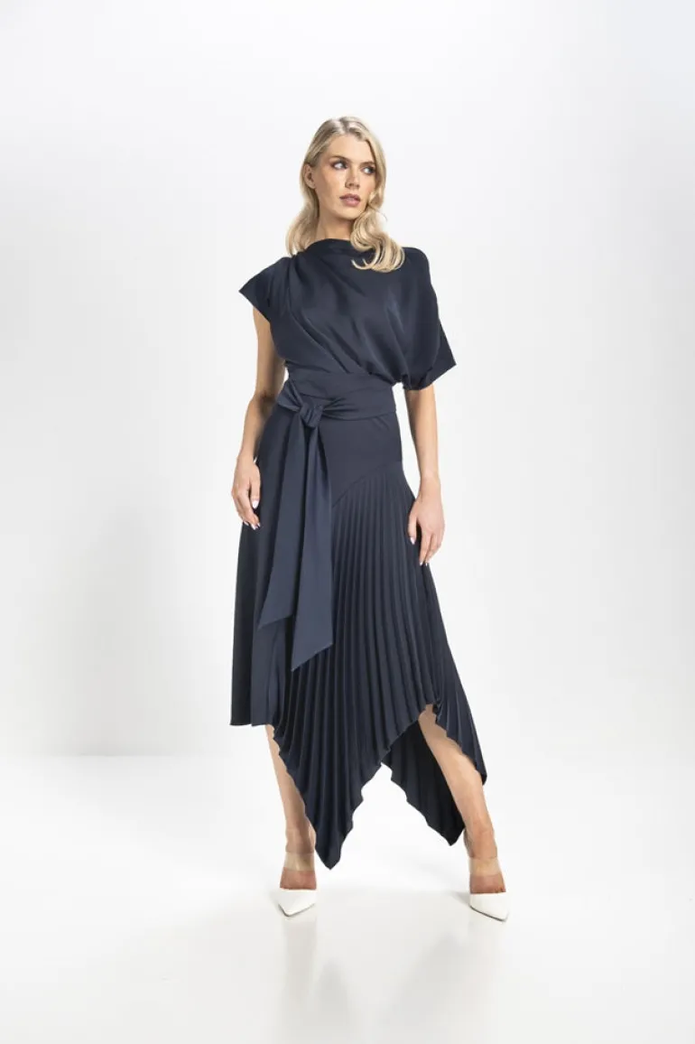 Kevan Jon Mila Pleat Knee Dress Navy