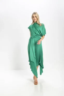 Kevan Jon Mila Pleat Knee Dress Emerald Green