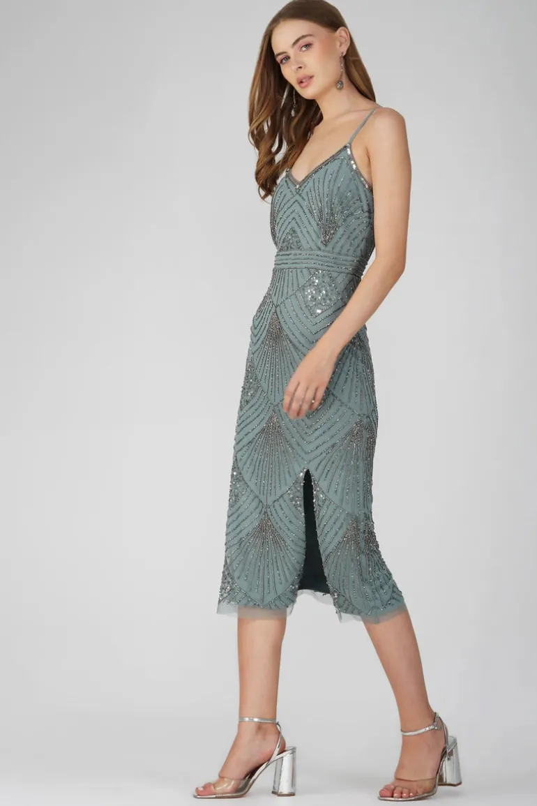 Lace & Beads Penelope Embroidered Midi Dress Teal