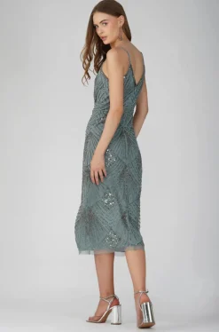 Lace & Beads Penelope Embroidered Midi Dress Teal