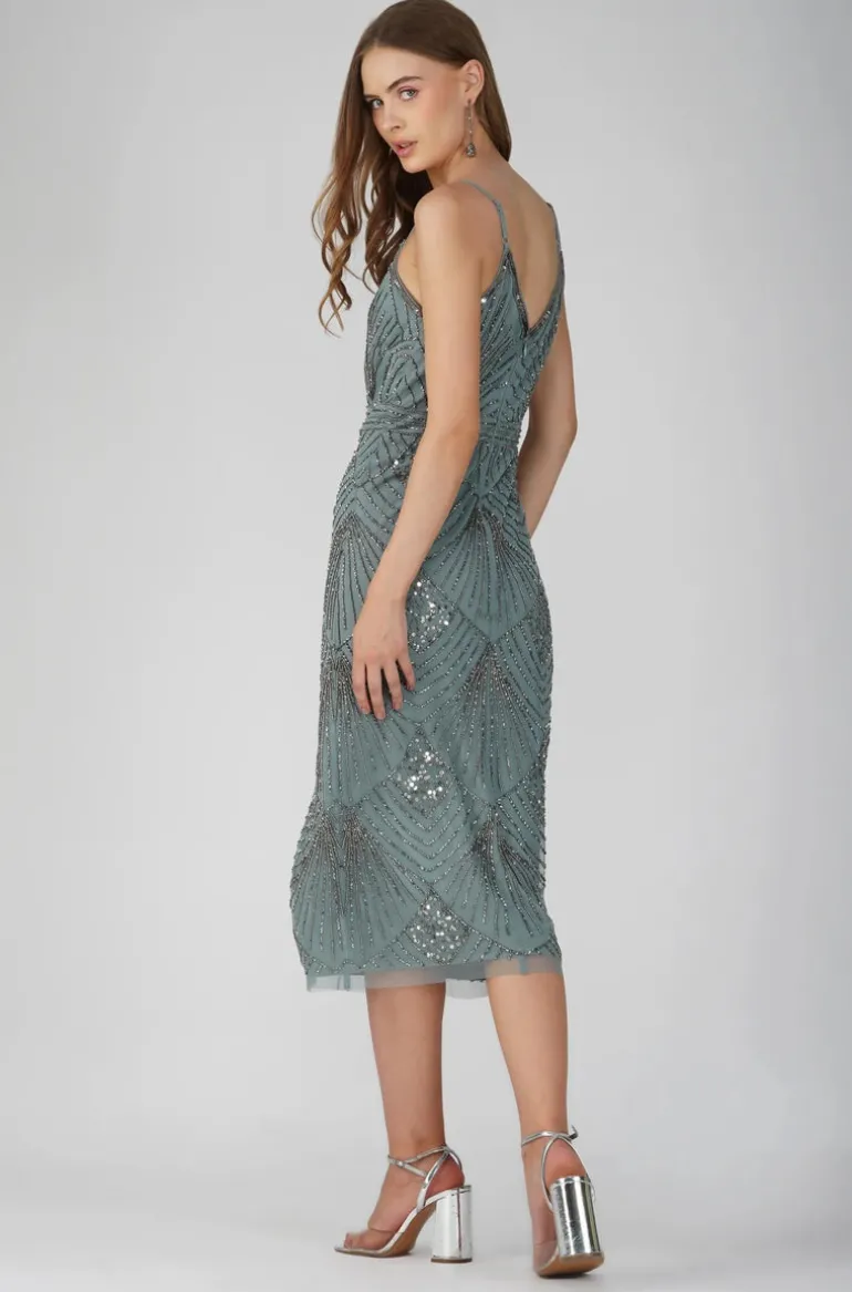 Lace & Beads Penelope Embroidered Midi Dress Teal