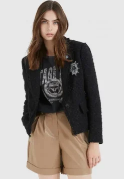 Marc Aurel Black Tweed Blazer With Brooches