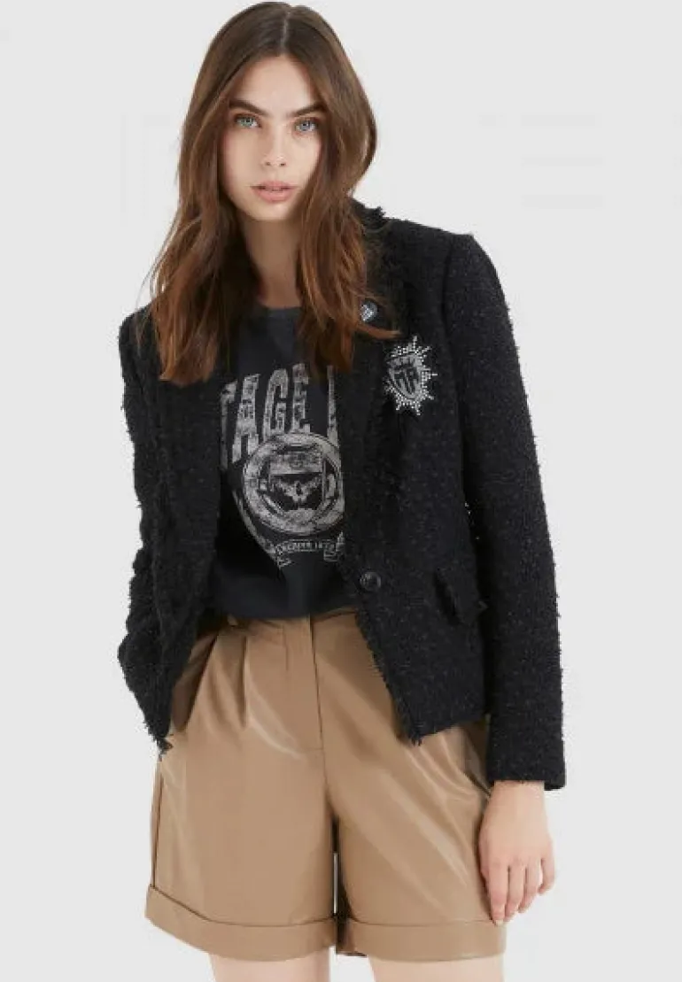 Marc Aurel Black Tweed Blazer With Brooches