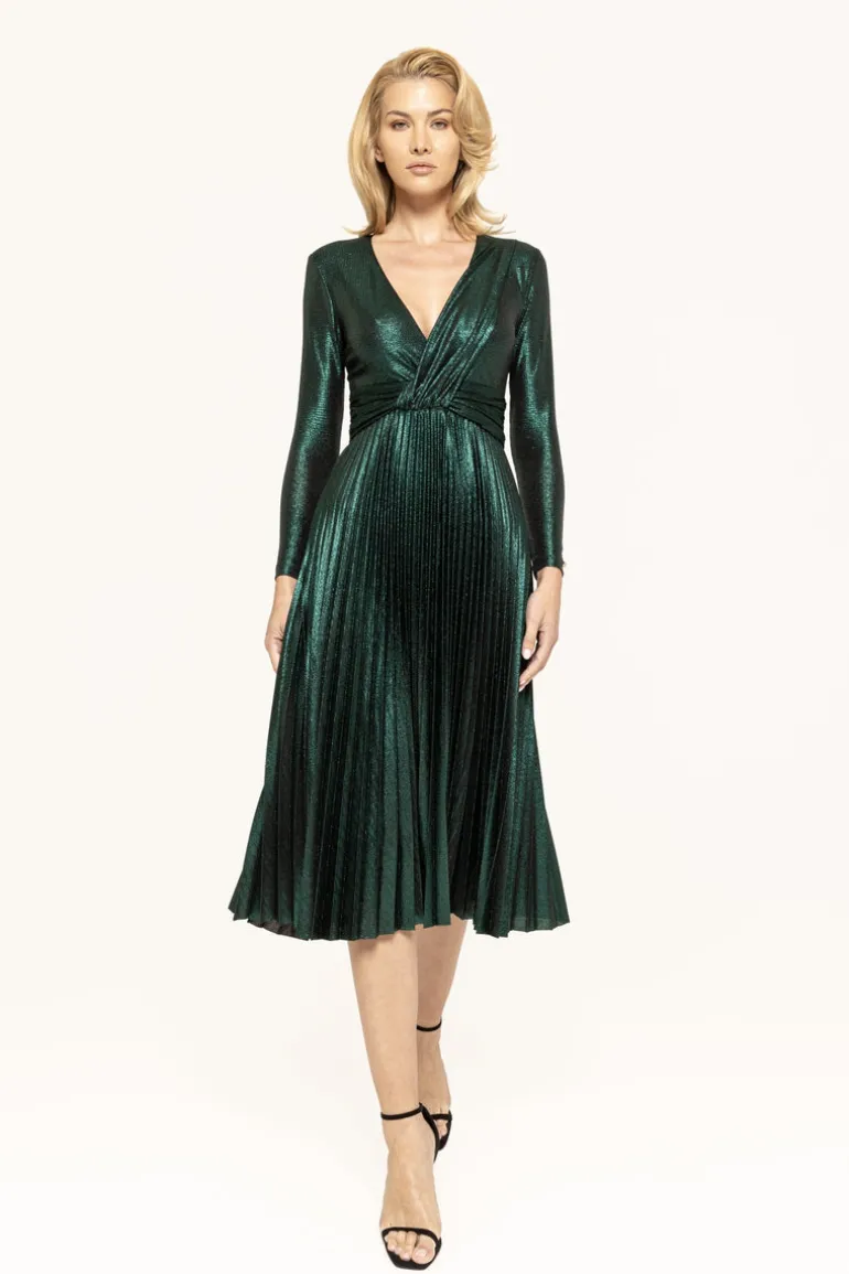 Nissa Green Pleated Midi Dress