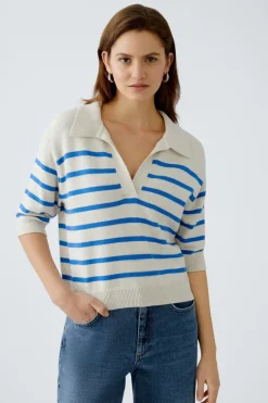 Oui Knit Striped V-Neck Polo Sweater Off-white/Blue