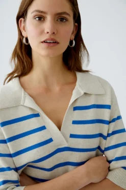 Oui Knit Striped V-Neck Polo Sweater Off-white/Blue
