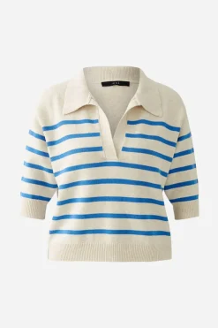 Oui Knit Striped V-Neck Polo Sweater Off-white/Blue