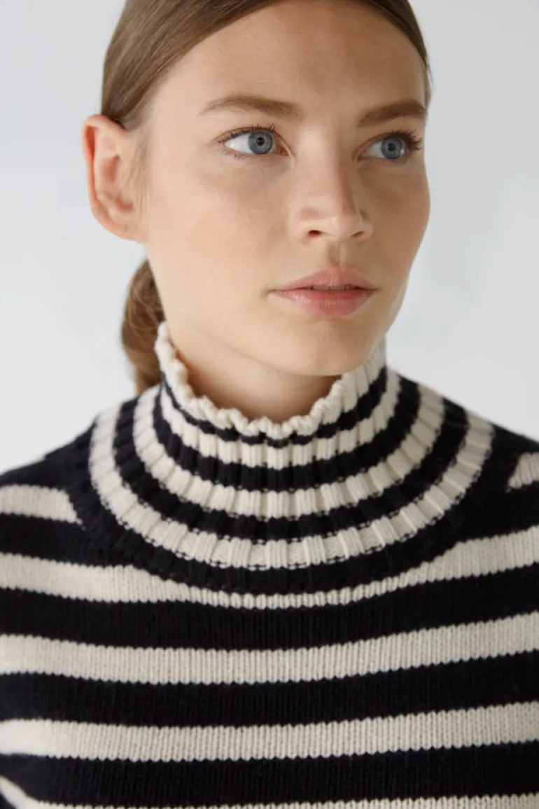 Oui Knitted Striped Jumper Black/Off-white