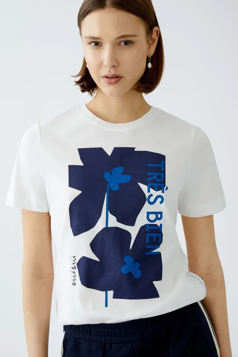 Oui T-Shirt With Floral Motif Optic White