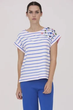 Scorzzo Knit Striped Tee With Decorative Buttons