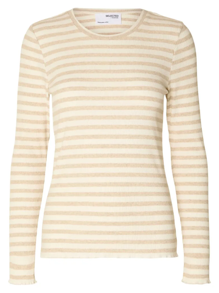 Selected Femme Anna Long Sleeve Crew Tee Oatmeal/Beige