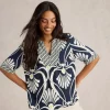 White Stuff Ash Linen Blend Top Navy Print